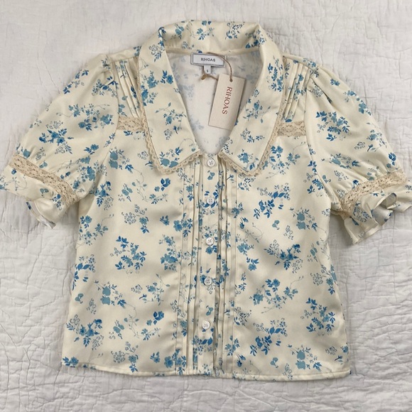 NWT Rihoas The Lace Spliced Pleated Floral Shirt size Small - Picture 3 of 11